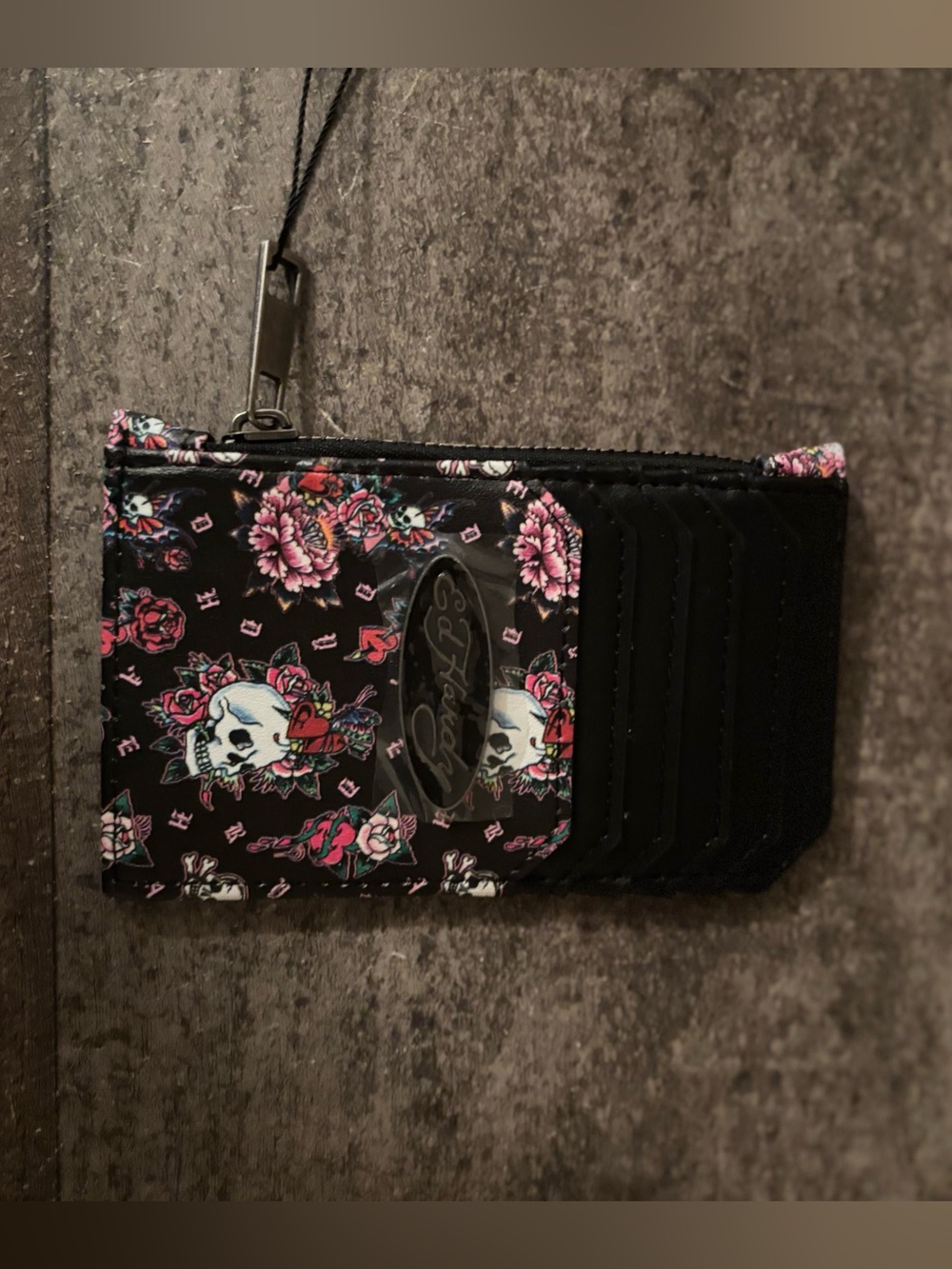 ED HARDY Skull & Floral Card Holder Wristlet - Black Pink NWT